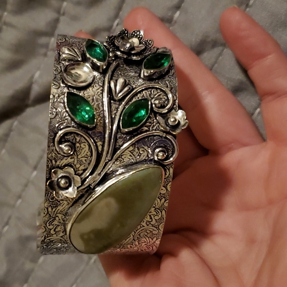 New Unique Jasper and Green Quartz Adjustable Cuff 925 Silver Bracelet. - Picture 2 of 9